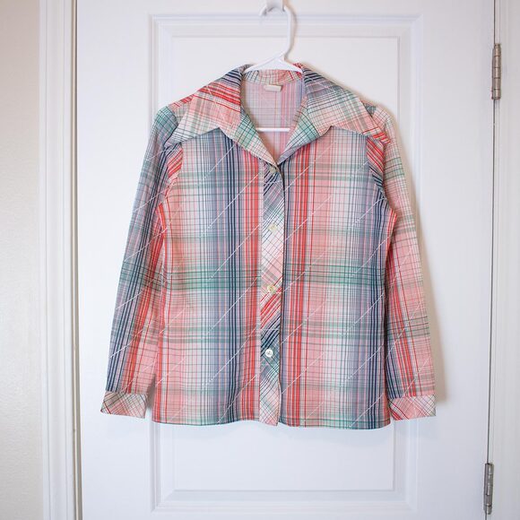 VTG Sz 36 Queen’s-Way Plaid Shirt 70s Semi Sheer Button Blouse | True Spring - Picture 1 of 7